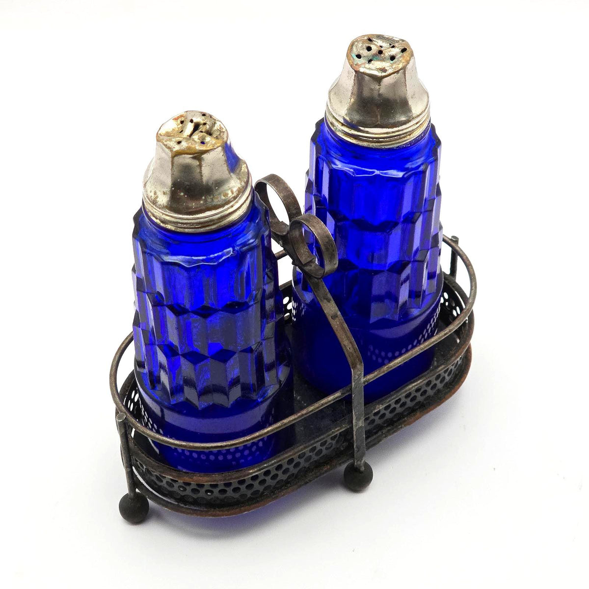 Vintage Hazel Atlas Cobalt Blue Glass Salt Pepper Shakers Metal Caddy