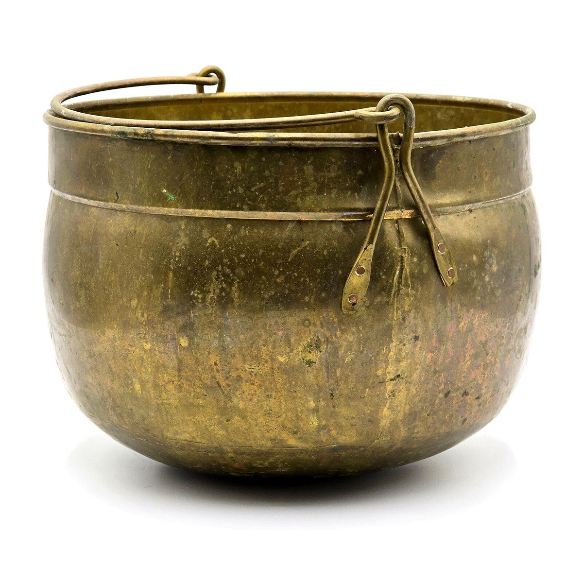 Antique Brass Cauldron Pot Large Bail Handle Primitive Hearth Planter