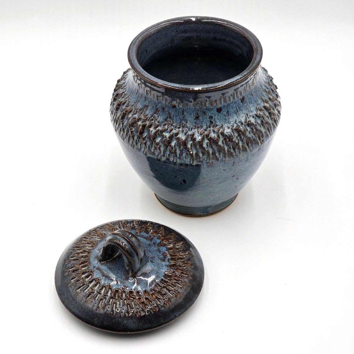 Vintage Blue Glazed Studio Pottery Lidded Jar Signed Judy P