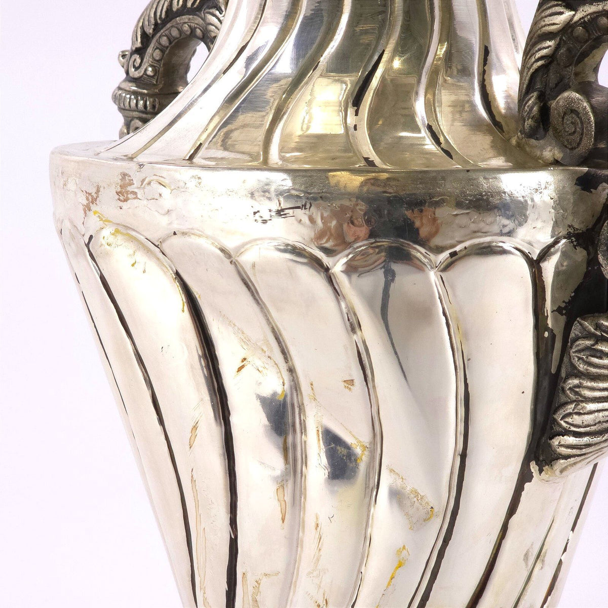 Large French Neoclassical Style Silver Tone Metal Urn Vase Ornate Handles 30.5in