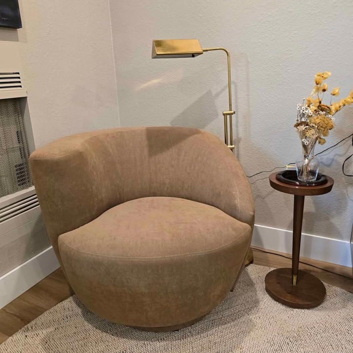 Precedent Corkscrew Swivel Chair in Taupe Upholstery