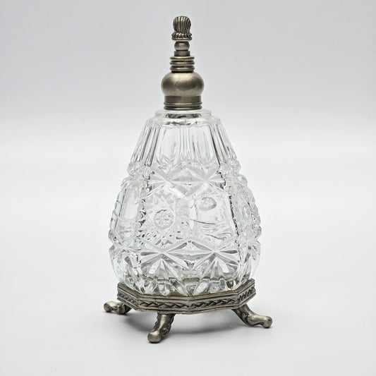 Vintage Cut Glass Perfume Bottle with Metal Filigree Trim and Stand — full view